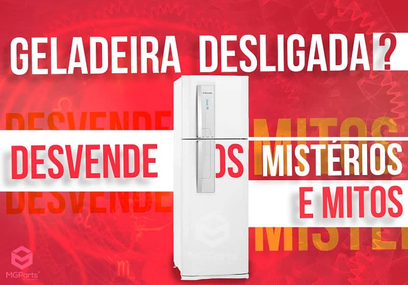 Arte gráfica mostrando uma geladeira branca com fundo vermelho