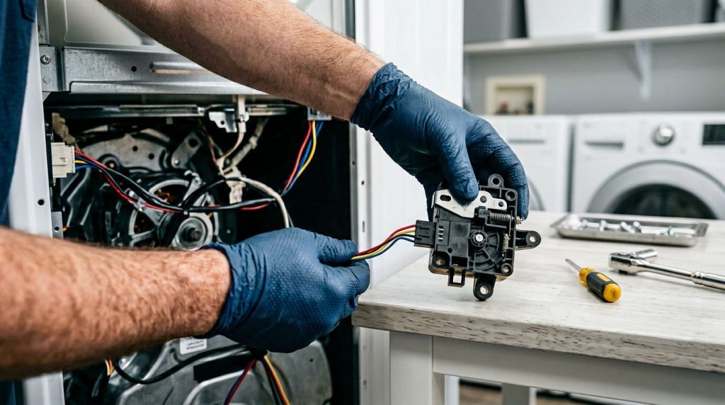 Técnico consertando eletrodoméstico com luvas