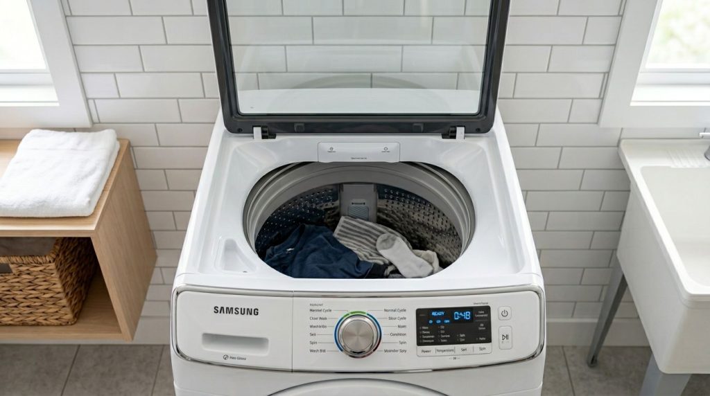 Máquina de lavar roupas com roupas dentro