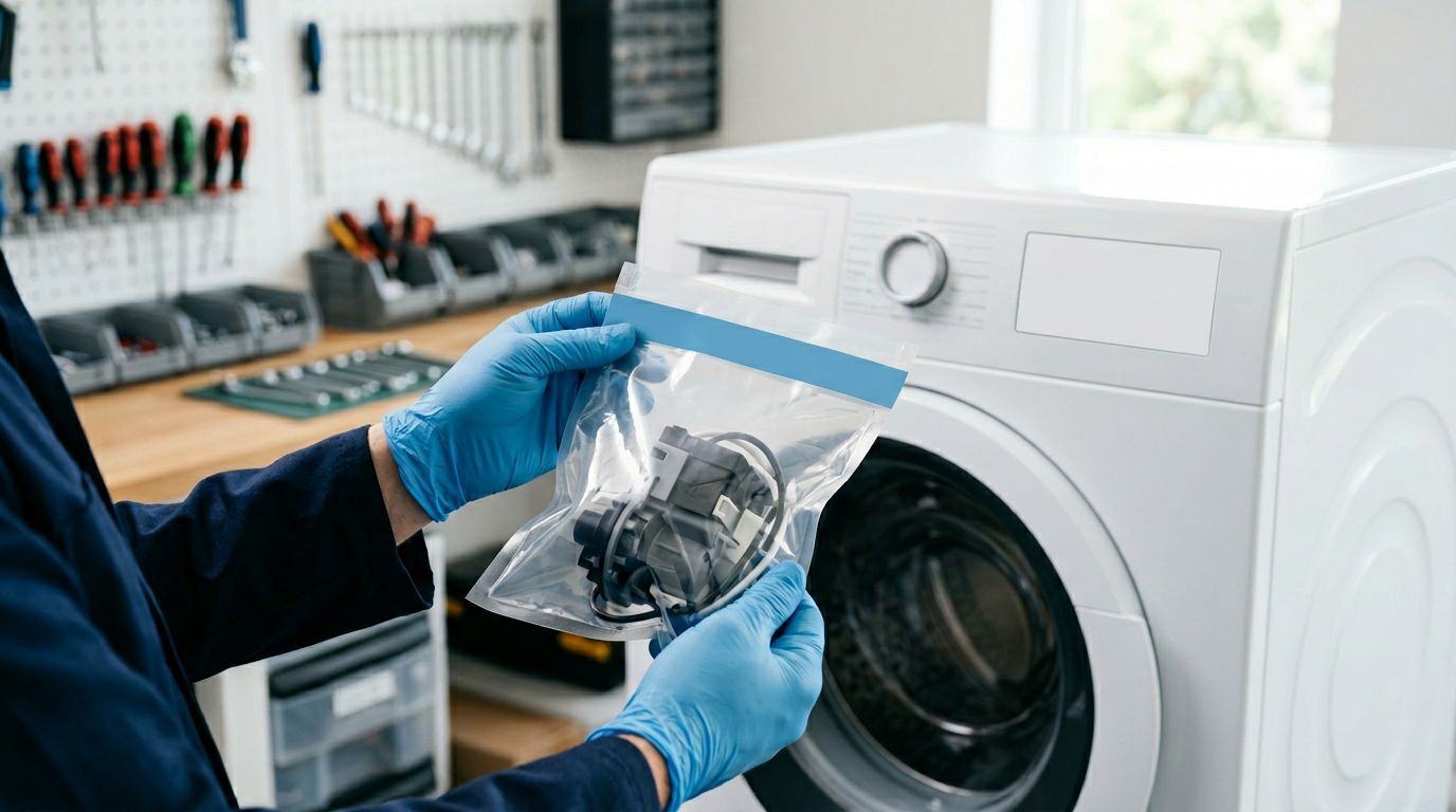 Técnico com peça de máquina de lavar em embalagem