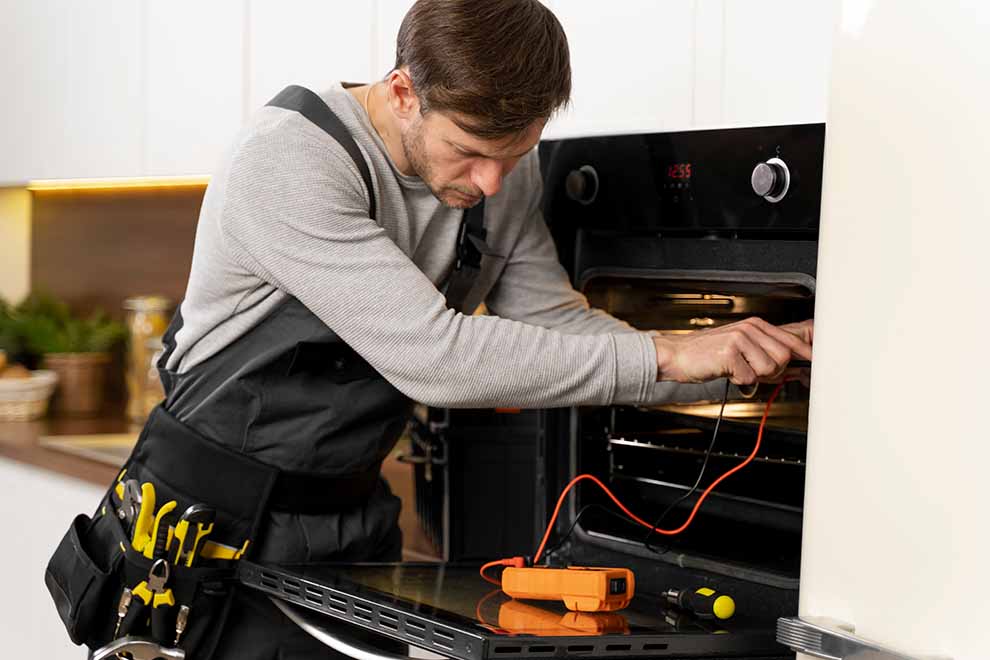 Técnico consertando forno elétrico na cozinha