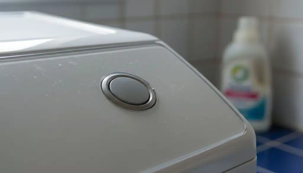 Botão de máquina de lavar em foco com detergente ao fundo