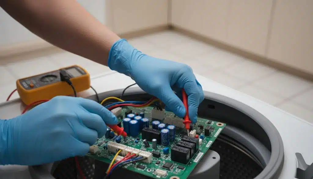 Técnico consertando placa de circuito de aparelho