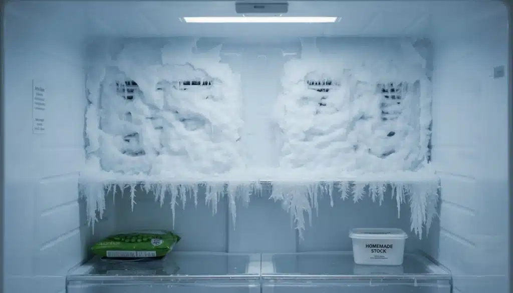 Freezer com gelo acumulado e alimentos armazenados