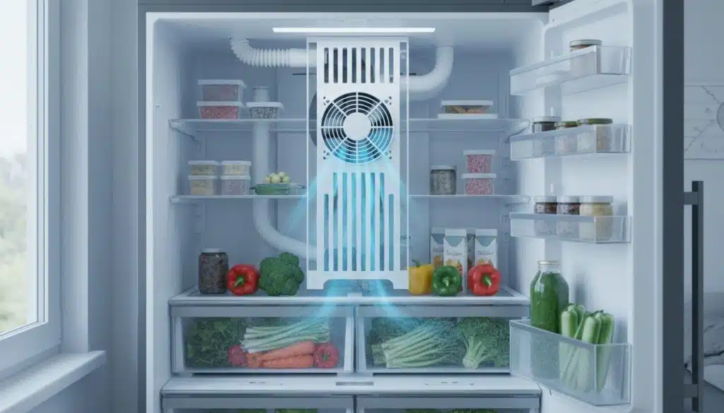 Interior de uma geladeira com verduras e organizadores
