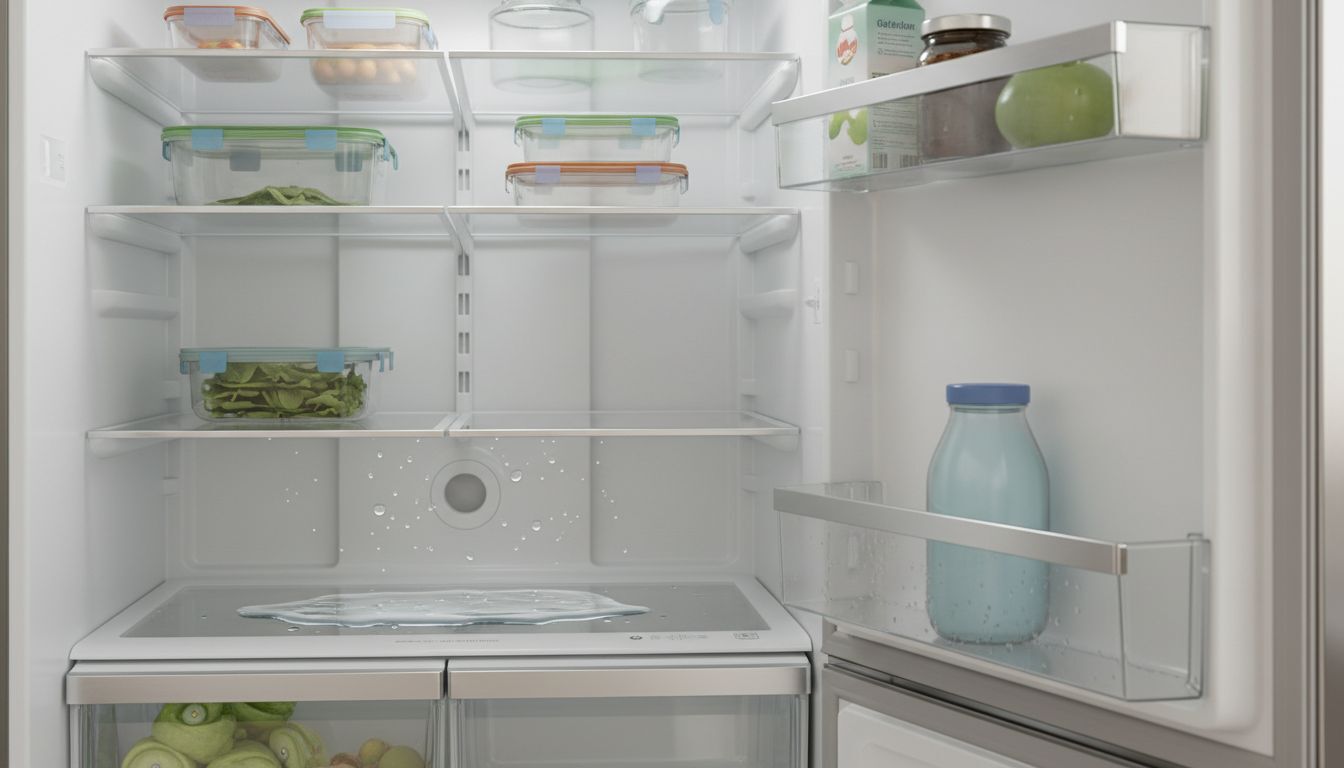 Interior de uma geladeira organizada com alimentos e recipientes