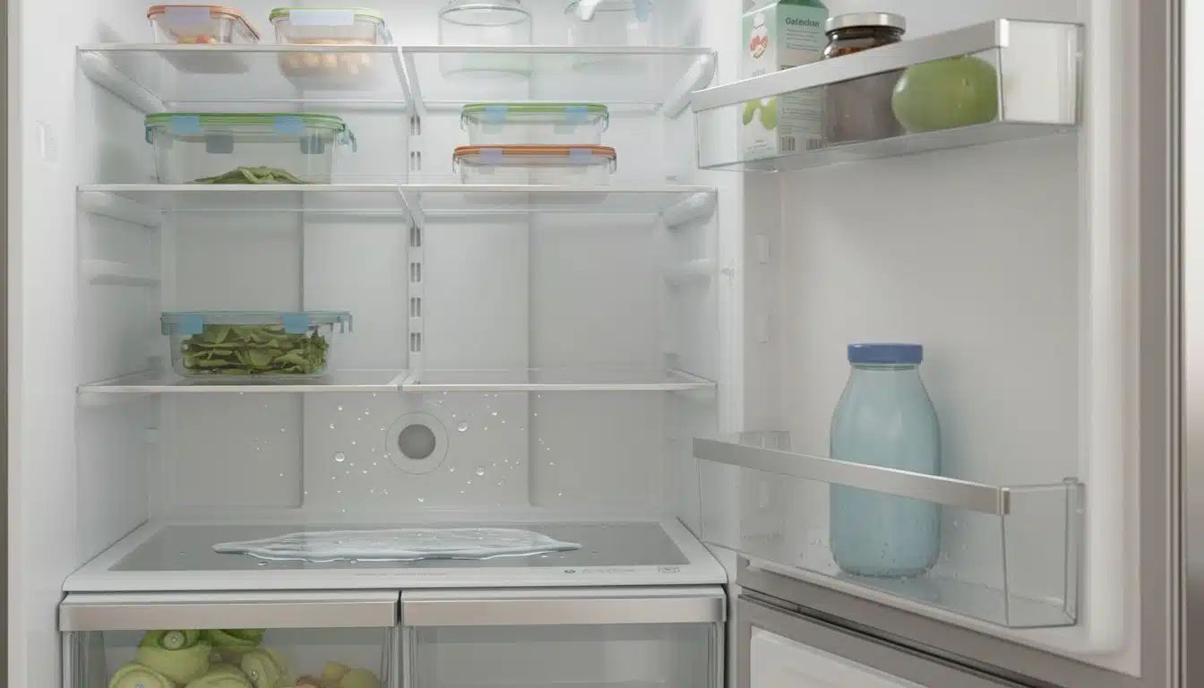 Interior de uma geladeira organizada com alimentos e recipientes