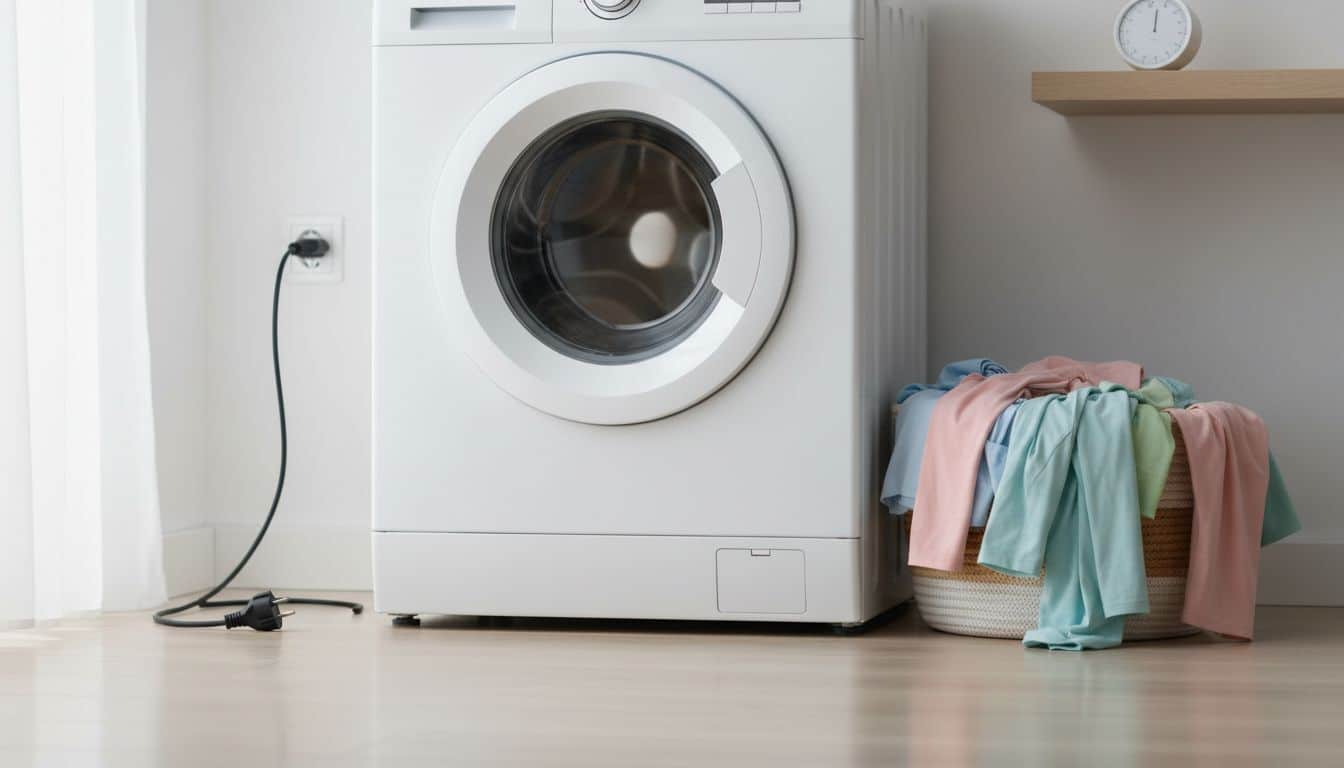 Máquina de lavar ao lado de roupas coloridas em cesto