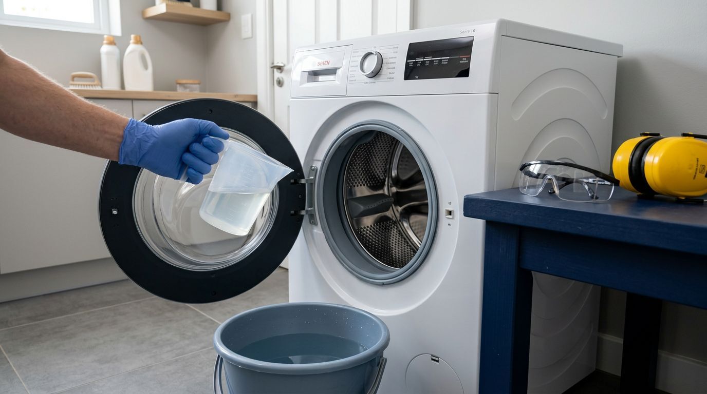 Pessoa adicionando detergente em máquina de lavar roupas.
