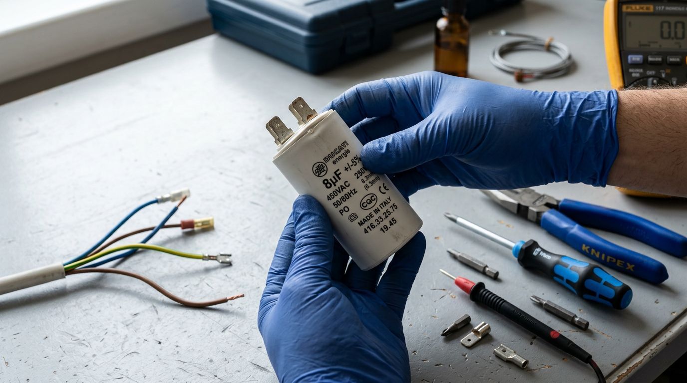 Capacitor sendo segurado por mão com luvas azuis.