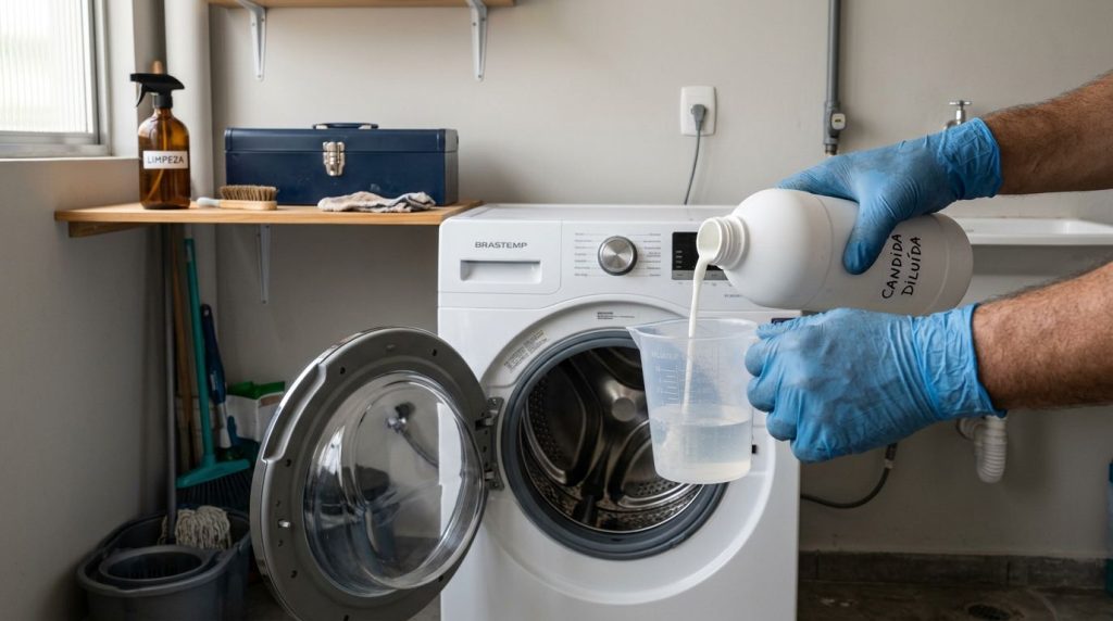 Pessoa despejando líquido em máquina de lavar roupa