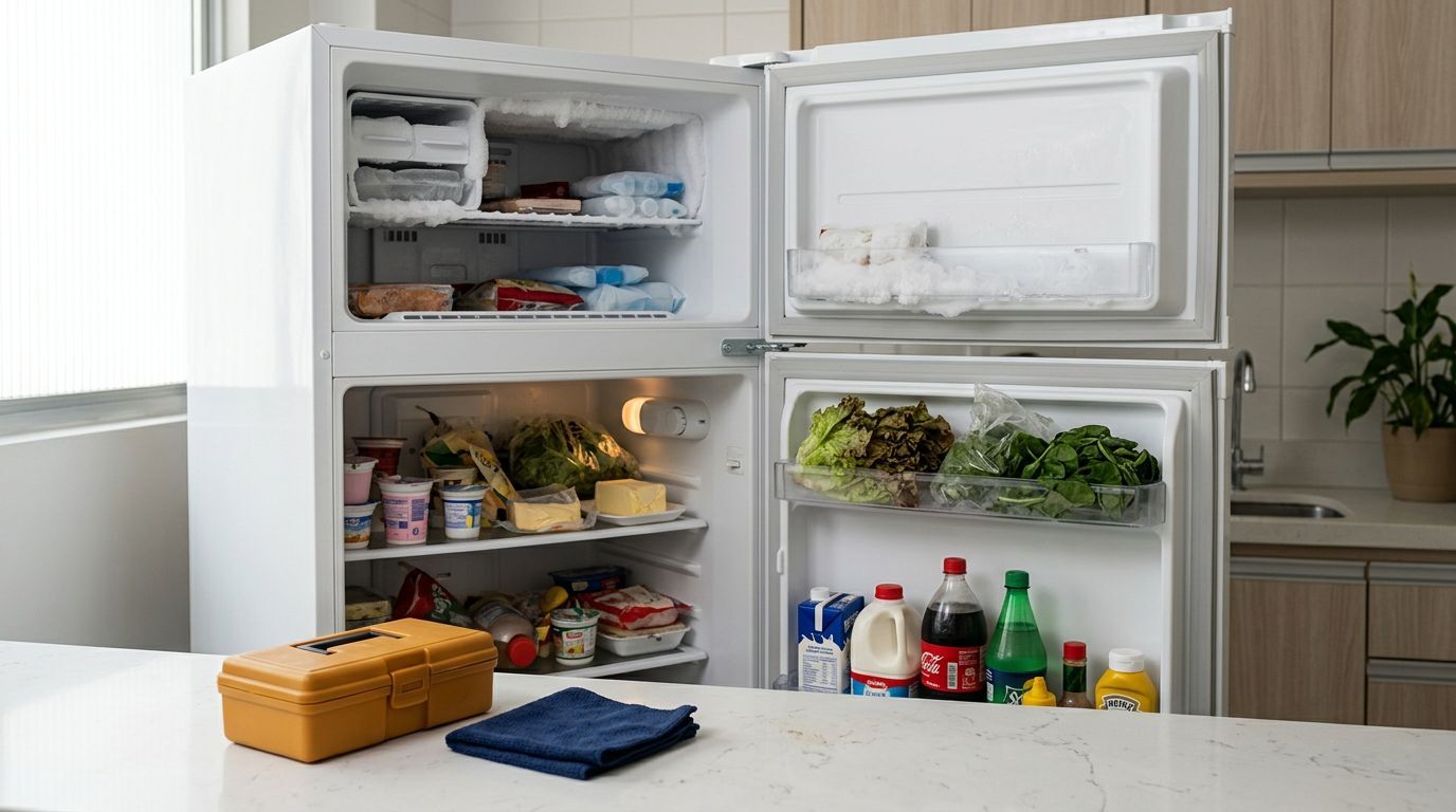 Geladeira aberta com alimentos organizados