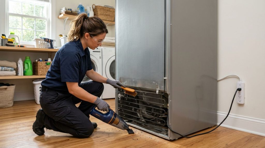 Mulher limpando fundo de refrigerador em casa