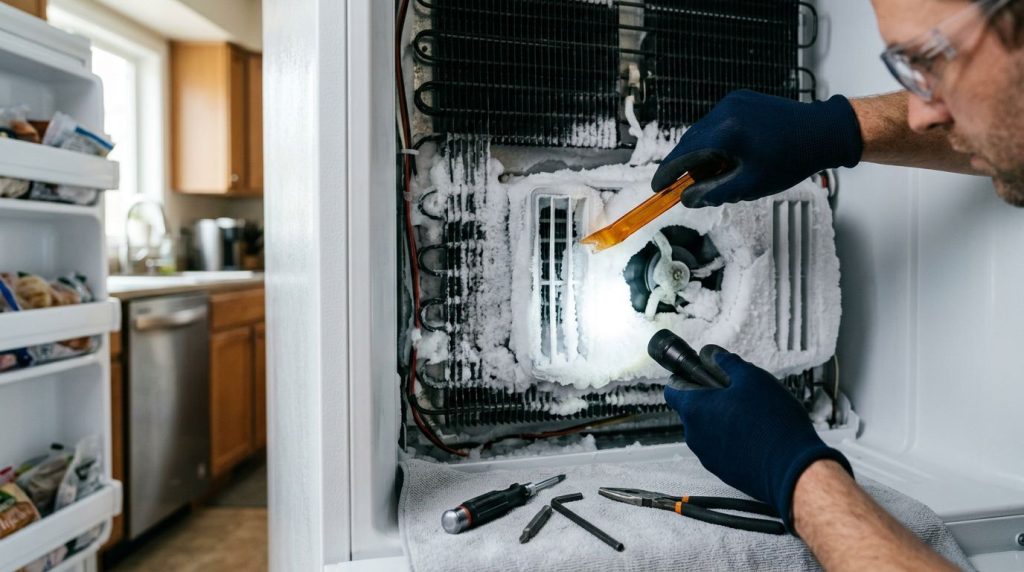 HOMEM REPARANDO GELADEIRA COM FERRAMENTAS