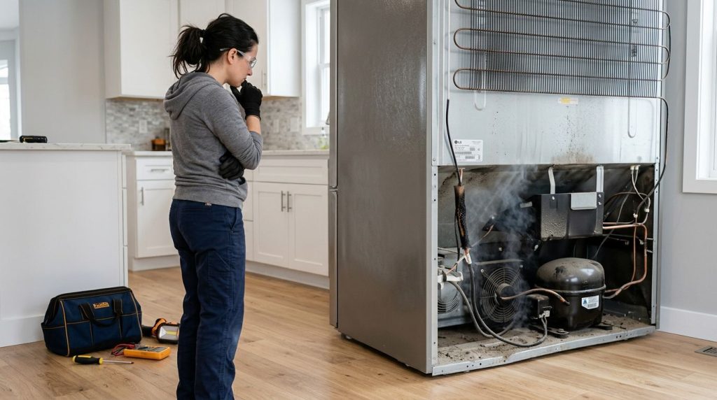 Técnica avaliando refrigerador com problemas técnicos