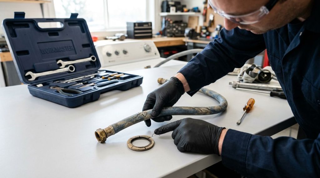 Técnico ajustando mangueira e anel com ferramentas