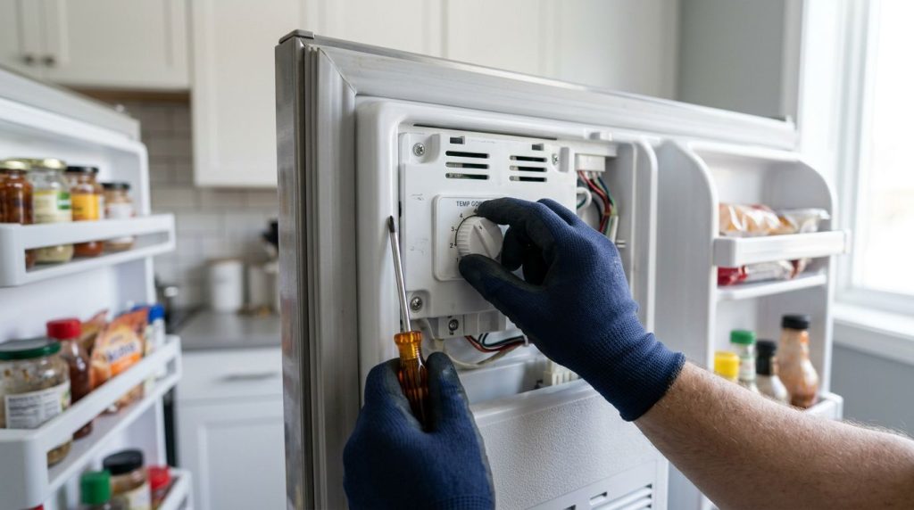 Técnico ajustando termostato da geladeira