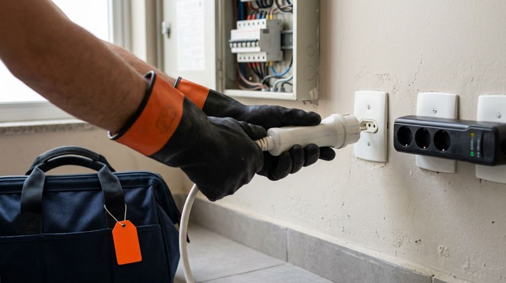 Técnico conecta cabo em tomada elétrica