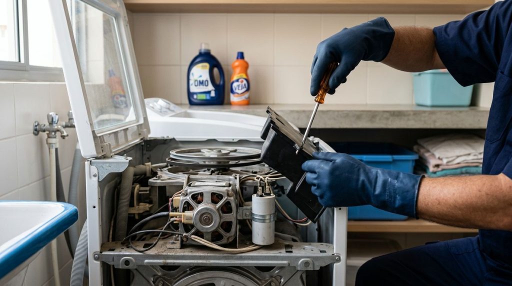 Técnico consertando máquina de lavar roupa