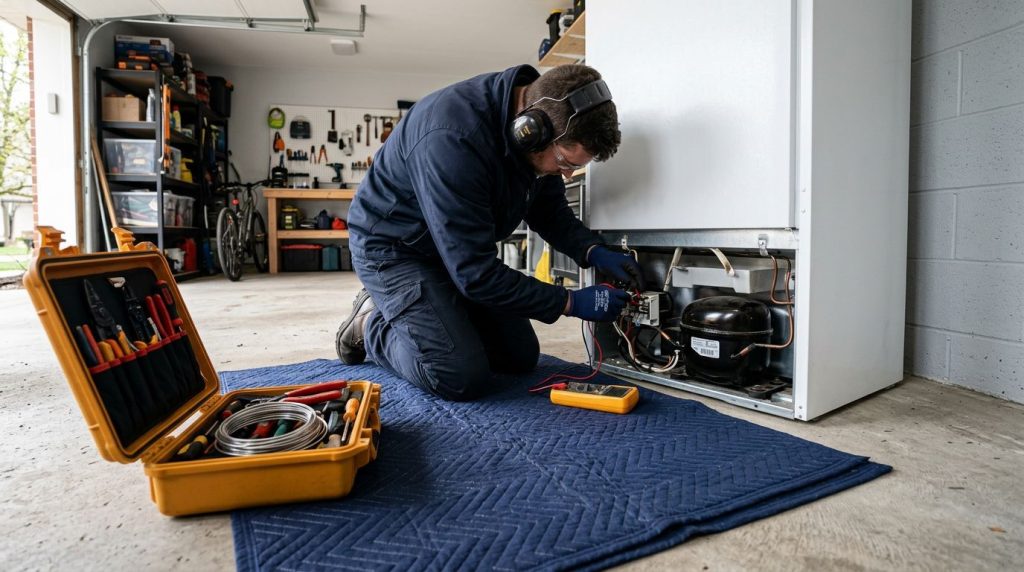 Técnico consertando refrigerador em garagem