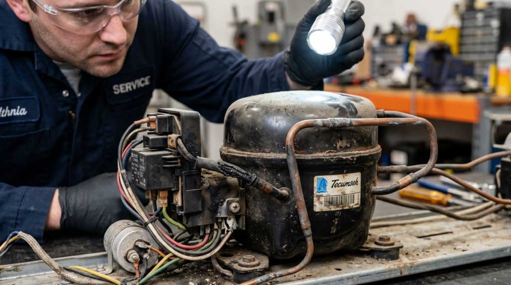 Técnico inspecionando compressor com lanterna