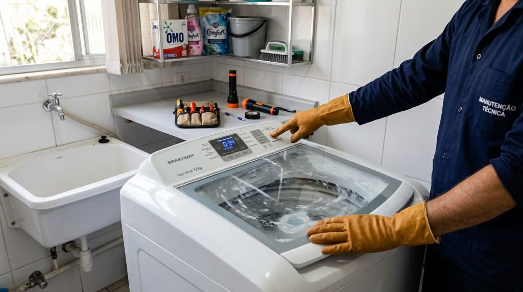 Técnico manuseando máquina de lavar roupa com luvas.