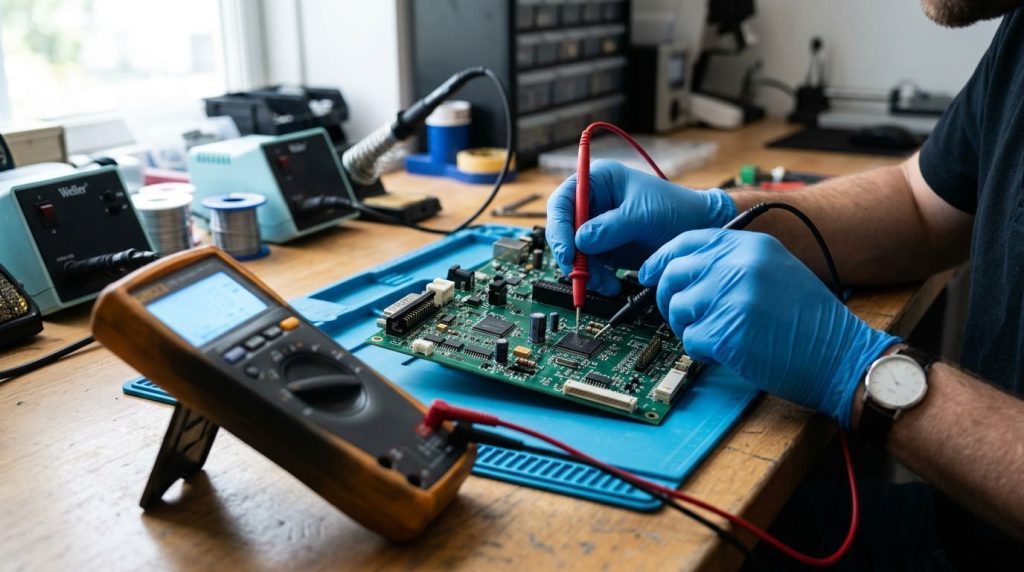 Técnico avaliando placa de circuito eletrônico