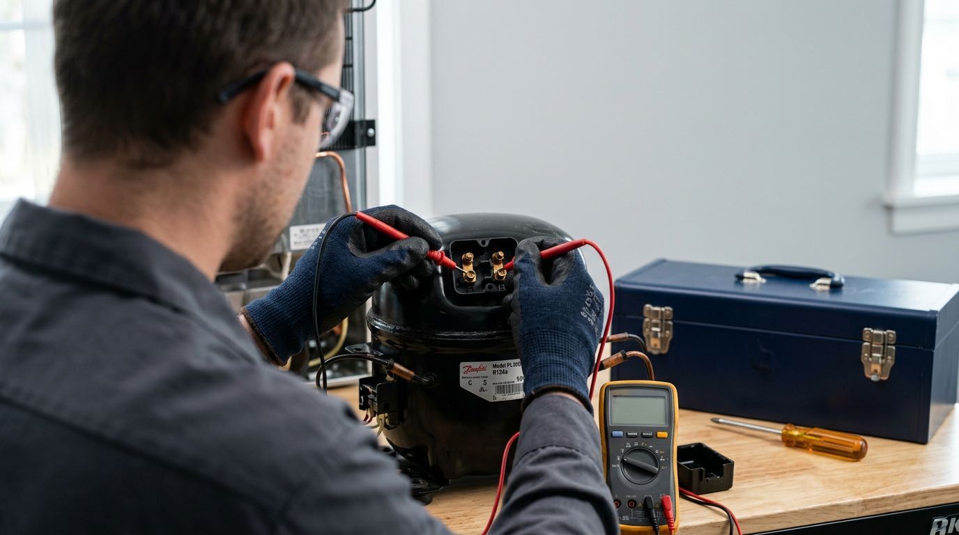 Técnico verifica compressor com multímetro.