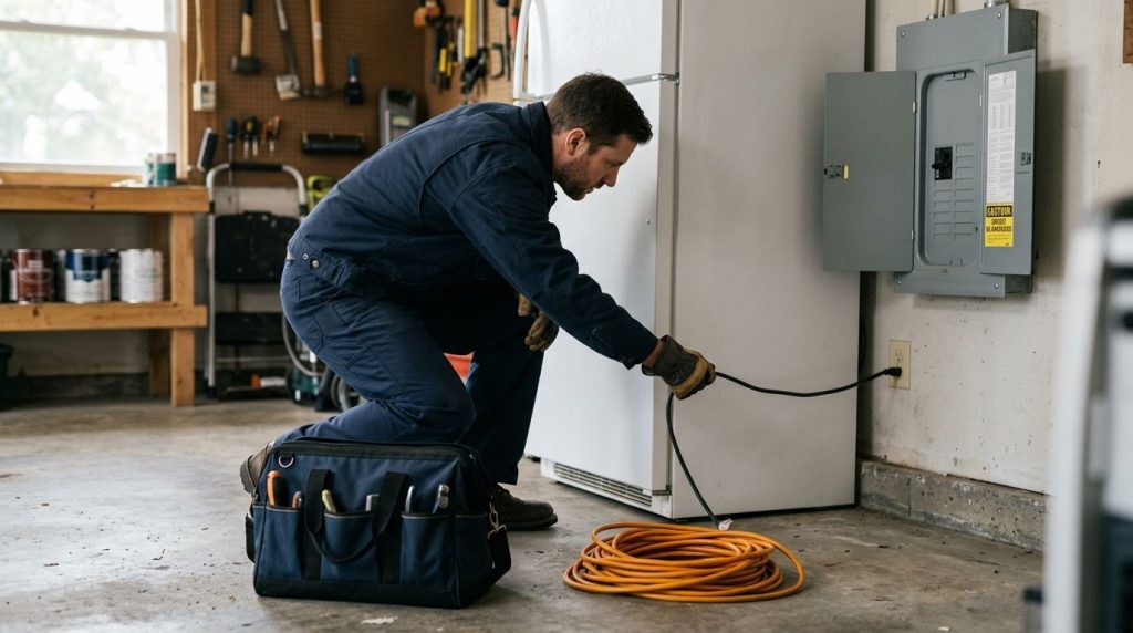 Técnico verificando a fiação elétrica na garagem