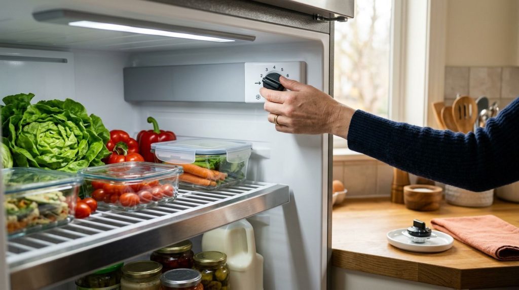 Ajustando a temperatura do refrigerador com vegetais frescos.