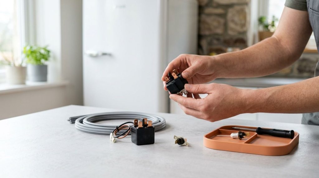 homem segurando componentes elétricos com cabo na mesa
