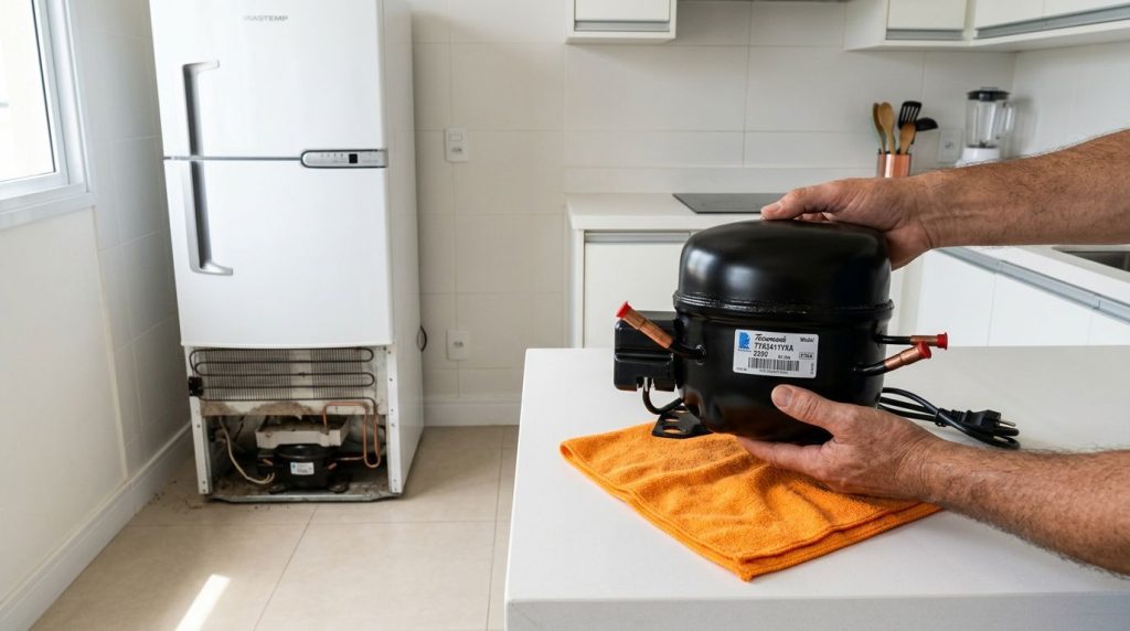 Técnico segurando compressor de geladeira na cozinha