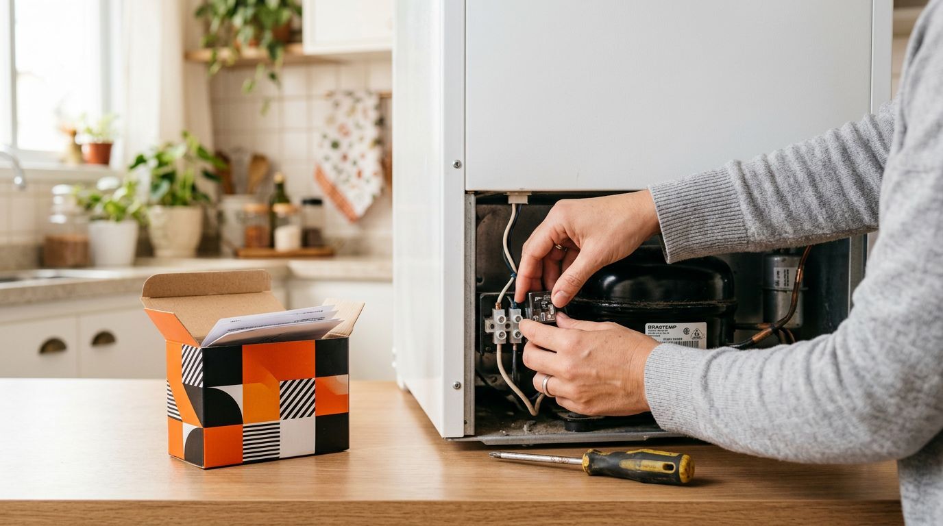 Técnico consertando refrigerador na cozinha