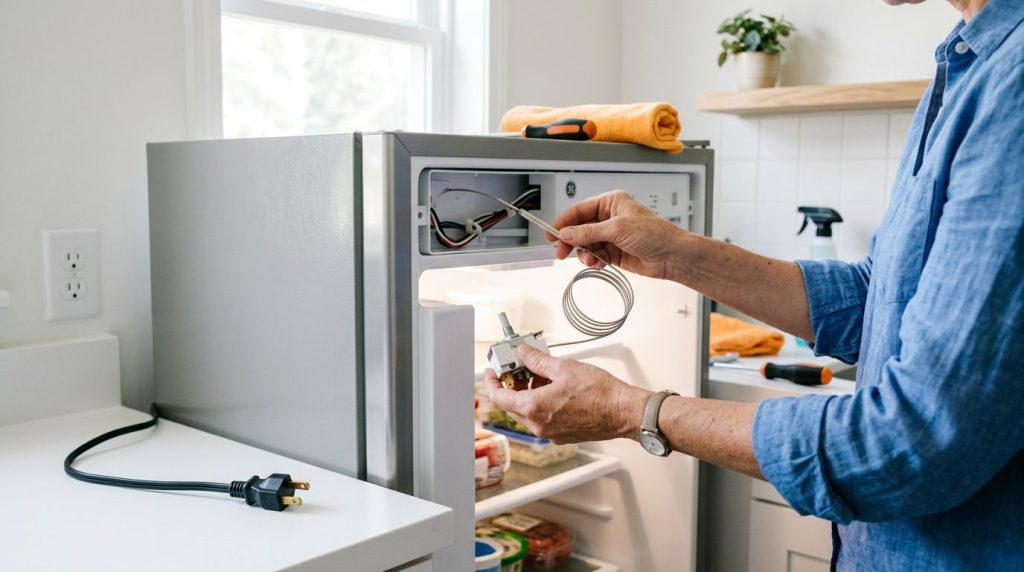 Pessoa consertando um refrigerador na cozinha