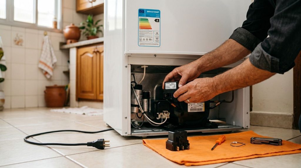 técnico consertando refrigerador na cozinha