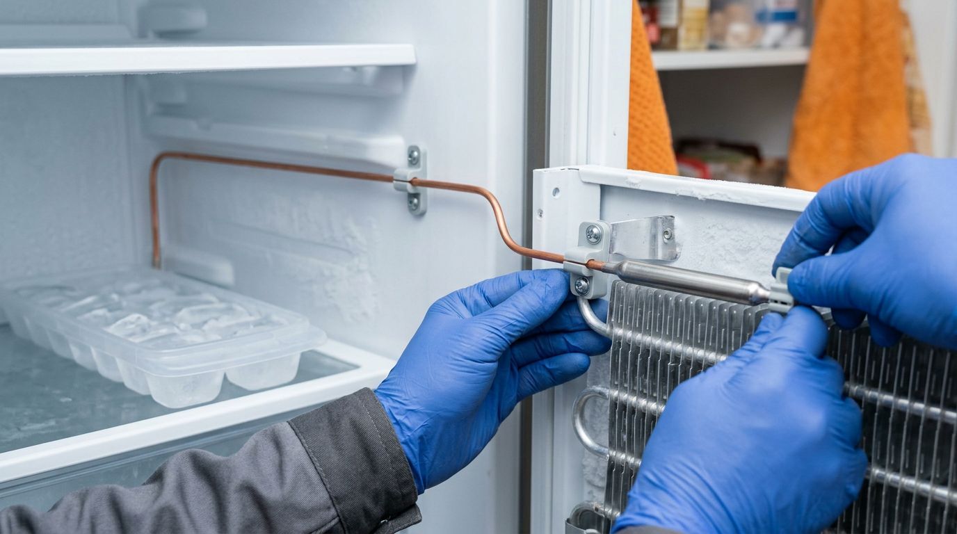 Técnico consertando refrigerador com luvas azuis