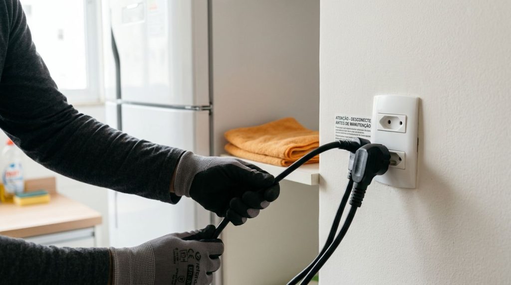 Homem conectando fio em tomada na cozinha