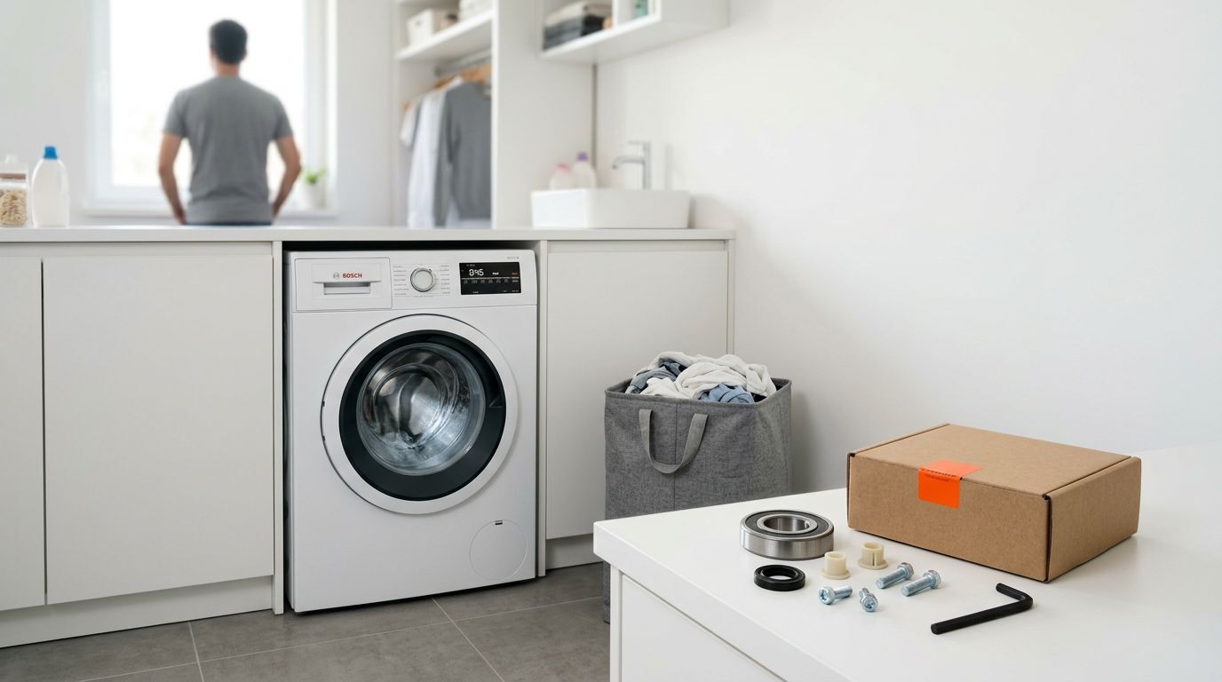 Lavanderia moderna com máquina de lavar e itens organizados