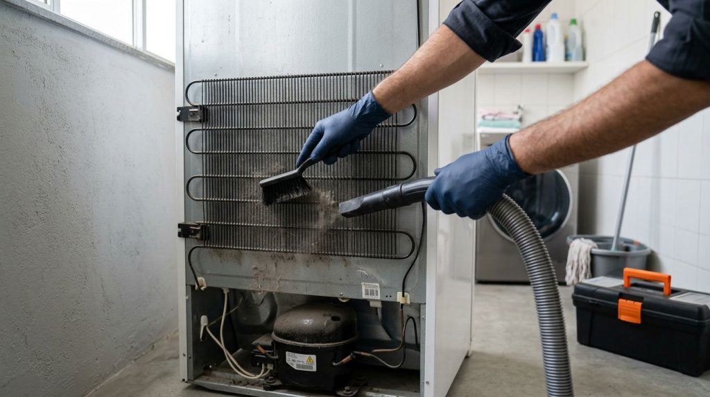 Limpeza de um refrigerador com escova e aspirador