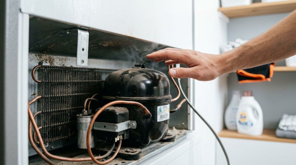 Mão ajustando compressor de geladeira com fumaça