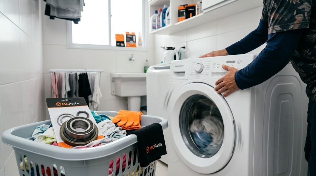 Pessoa colocando roupas na máquina de lavar