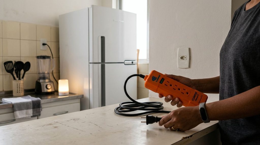 Ponto de energia com múltiplas tomadas em cozinha
