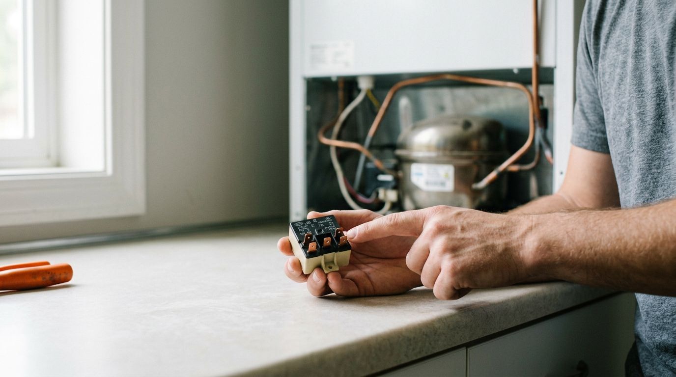 Técnico segurando relé de compressor de geladeira