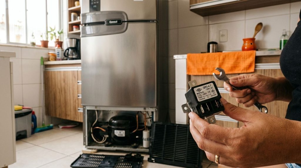 Mulher reparando geladeira na cozinha