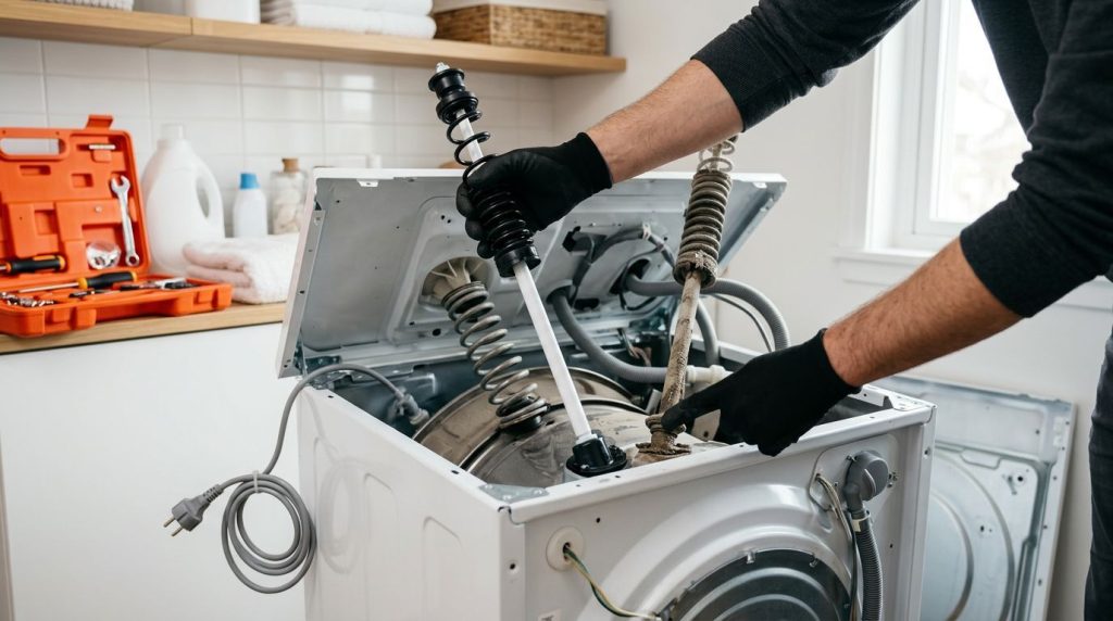 Técnico consertando máquina de lavar roupa