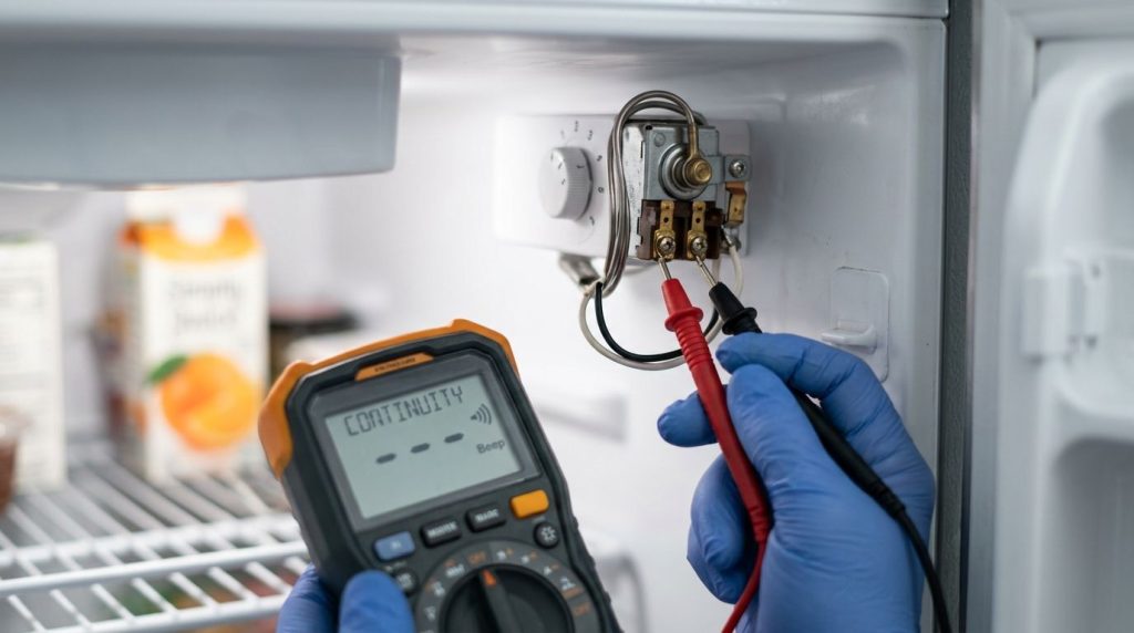 Técnico medindo continuidade em refrigerador