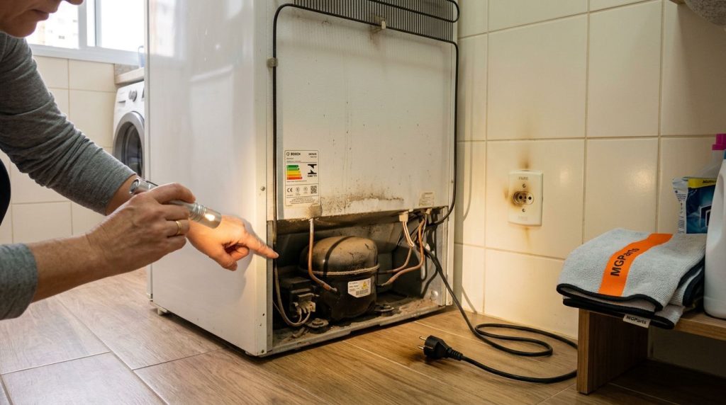 Técnico inspecionando compressor de geladeira com lanterna