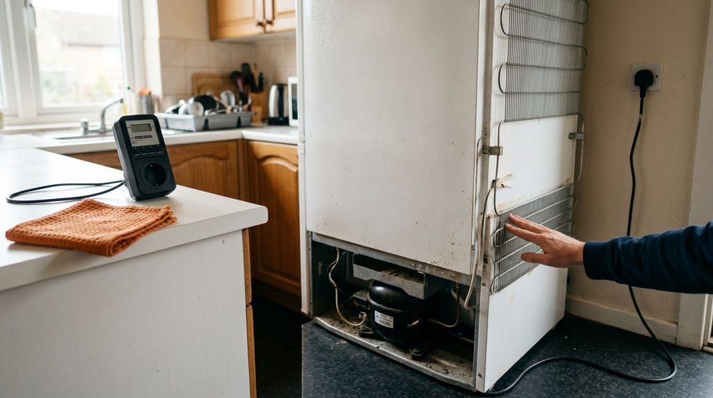 Técnico inspecionando parte de refrigerador na cozinha