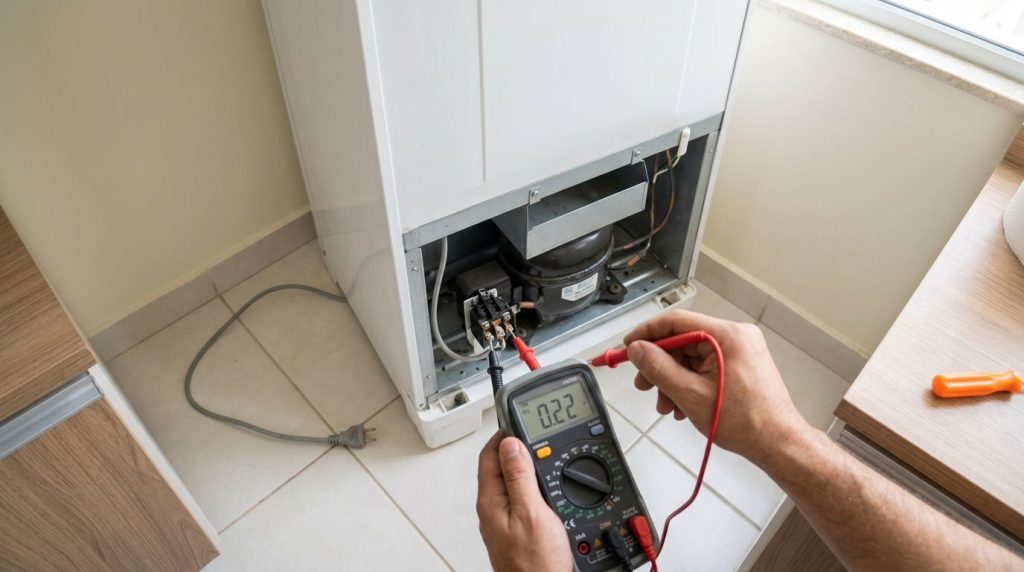 Técnico medindo voltagem em refrigerador.