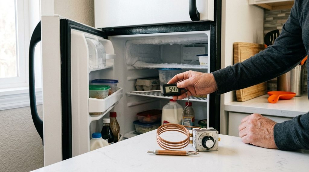 Termômetro digital sendo usado em um refrigerador